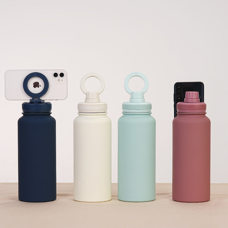 Orange 1L Stainless Steel Water Bottle with Magnetic Phone Holder Lid - Portable Hydration & Hands-Free Stand - Image 6