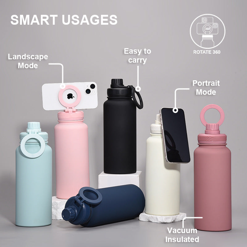 Light Blue 1L Stainless Steel Water Bottle with Magnetic Phone Holder Lid - Portable Hydration & Hands-Free Stand - Image 2