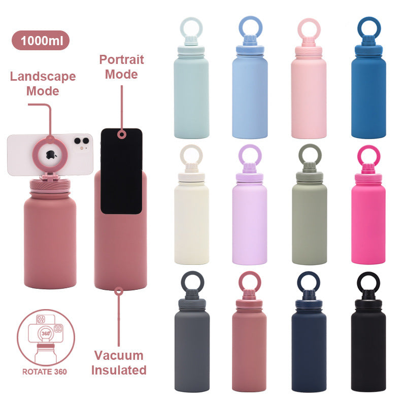 Light Green 1L Stainless Steel Water Bottle with Magnetic Phone Holder Lid - Portable Hydration & Hands-Free Stand - Image 3
