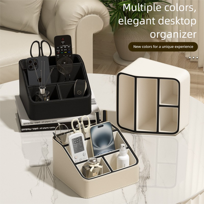 White and Black Stylish PU Leather Desktop Organizer Caddy - Multi-Compartment Holder for Remotes, Office Supplies, Makeup - Image 2