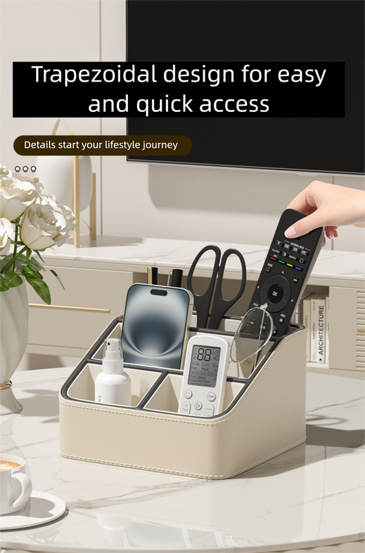 White and Black Stylish PU Leather Desktop Organizer Caddy - Multi-Compartment Holder for Remotes, Office Supplies, Makeup - Image 5