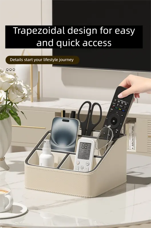 White and Black Stylish PU Leather Desktop Organizer Caddy - Multi-Compartment Holder for Remotes, Office Supplies, Makeup - Image 5