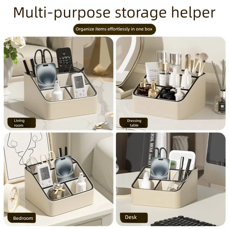 White and Black Stylish PU Leather Desktop Organizer Caddy - Multi-Compartment Holder for Remotes, Office Supplies, Makeup - Image 6