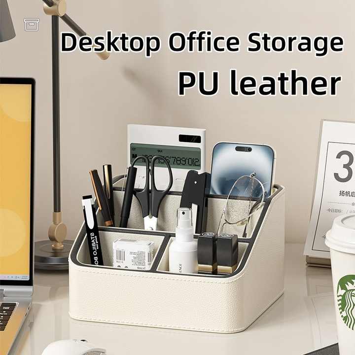 Beige and Black Stylish PU Leather Desktop Organizer Caddy - Multi-Compartment Holder for Remotes, Office Supplies, Makeup - Image 4