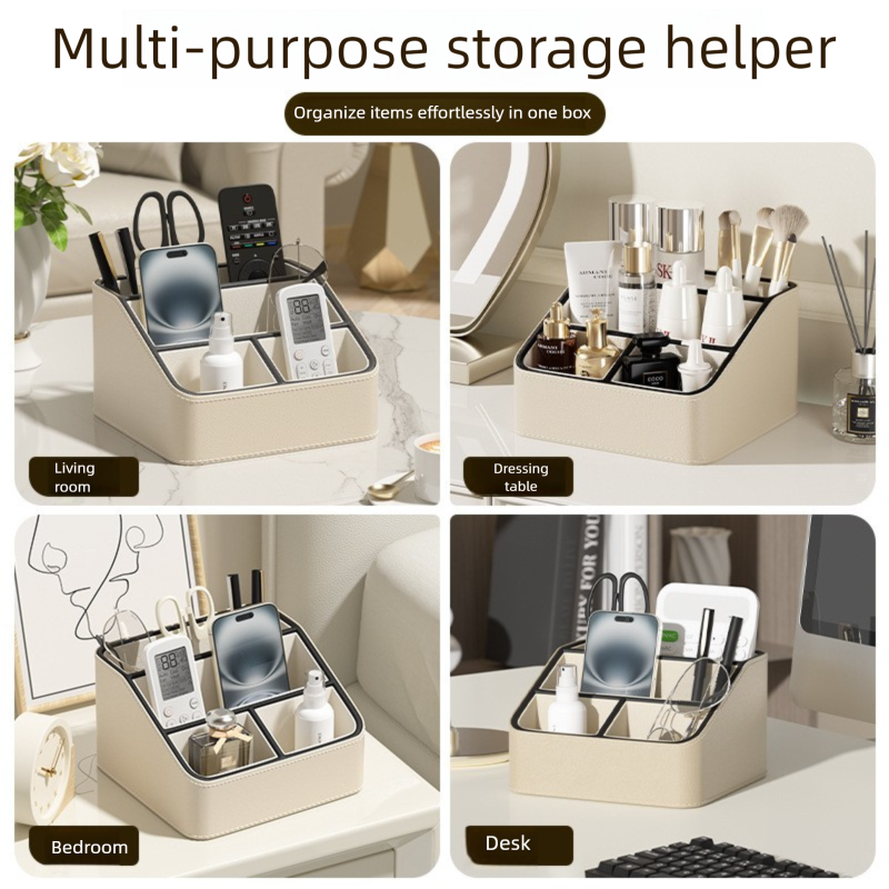 Beige and Black Stylish PU Leather Desktop Organizer Caddy - Multi-Compartment Holder for Remotes, Office Supplies, Makeup - Image 6
