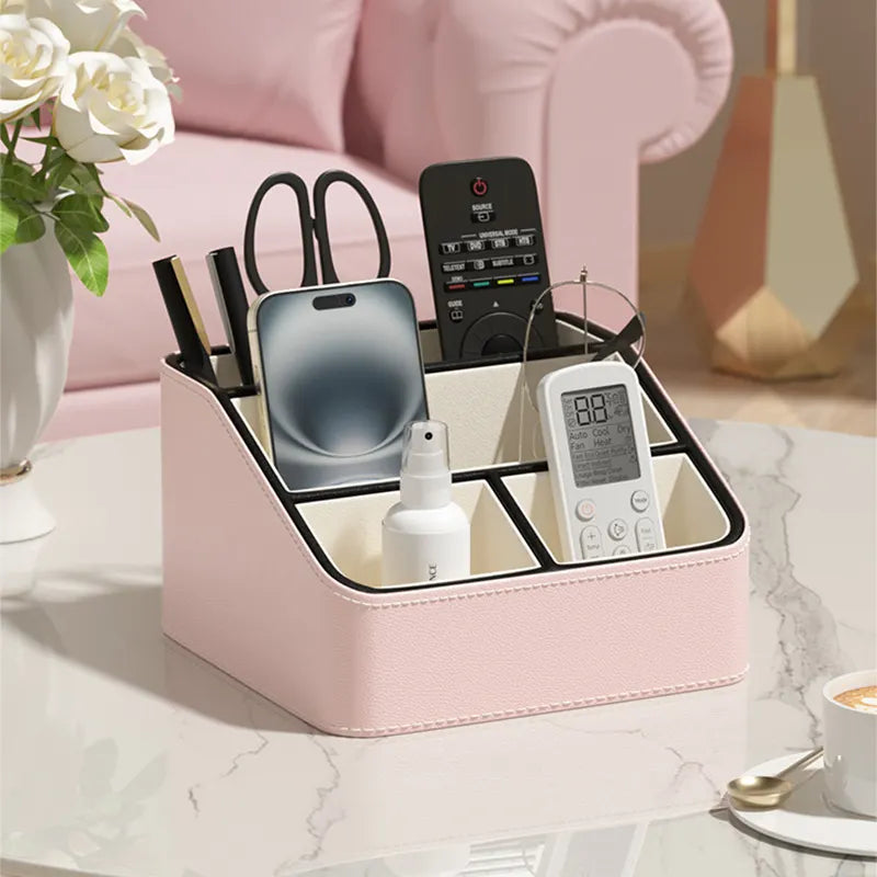 Pink and Black Stylish PU Leather Desktop Organizer Caddy - Multi-Compartment Holder for Remotes, Office Supplies, Makeup