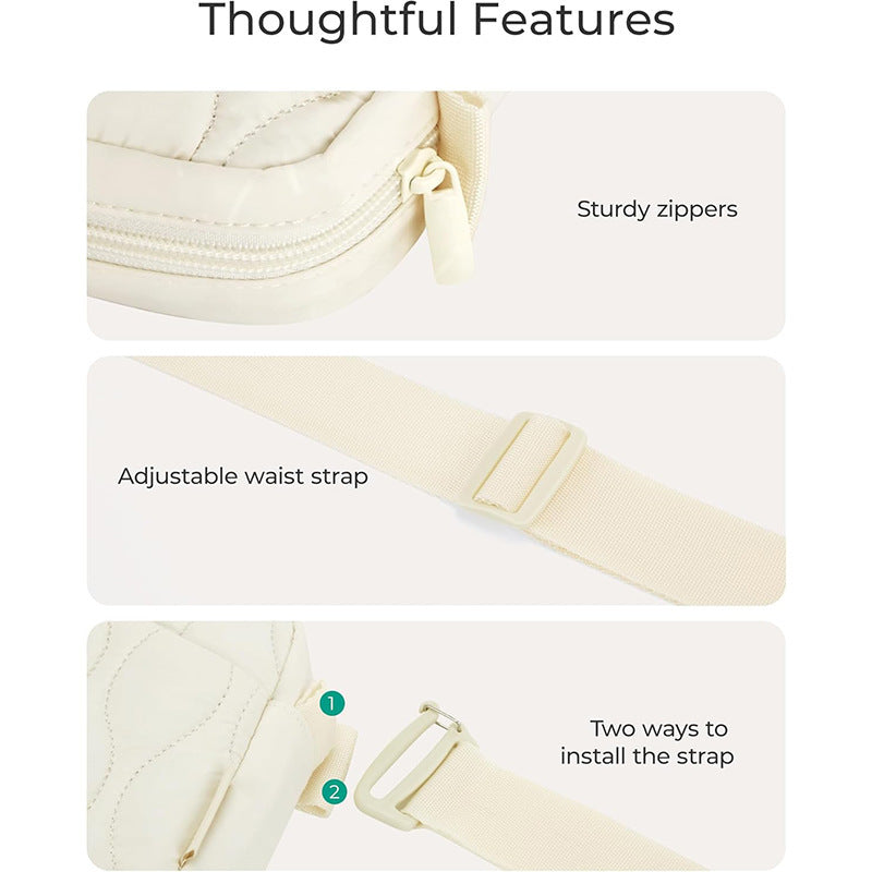 Beige Stylish Quilted Belt Bag - Lightweight Nylon Crossbody Fanny Pack  - Image 4