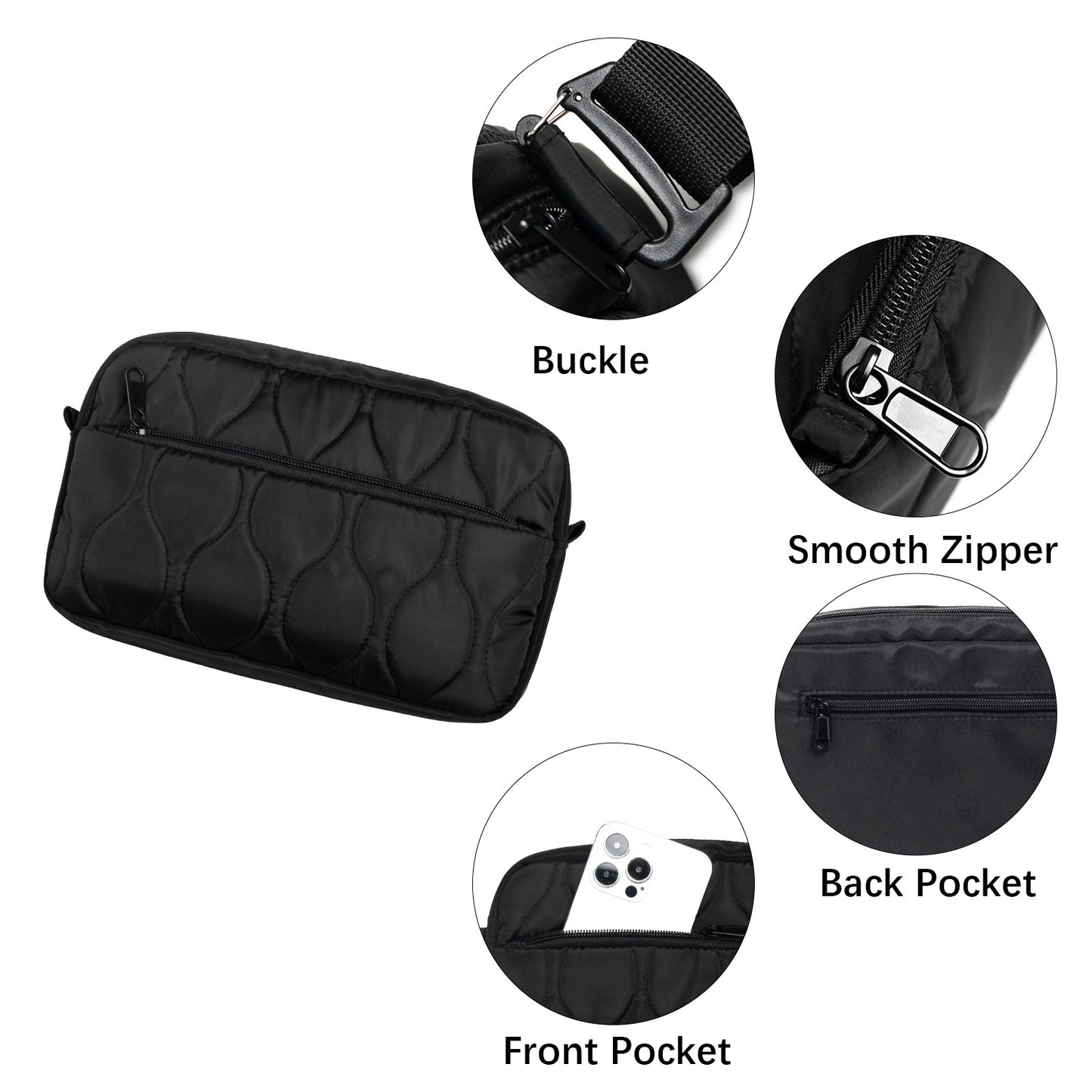 Black Stylish Quilted Belt Bag - Lightweight Nylon Crossbody Fanny Pack  - Image 4