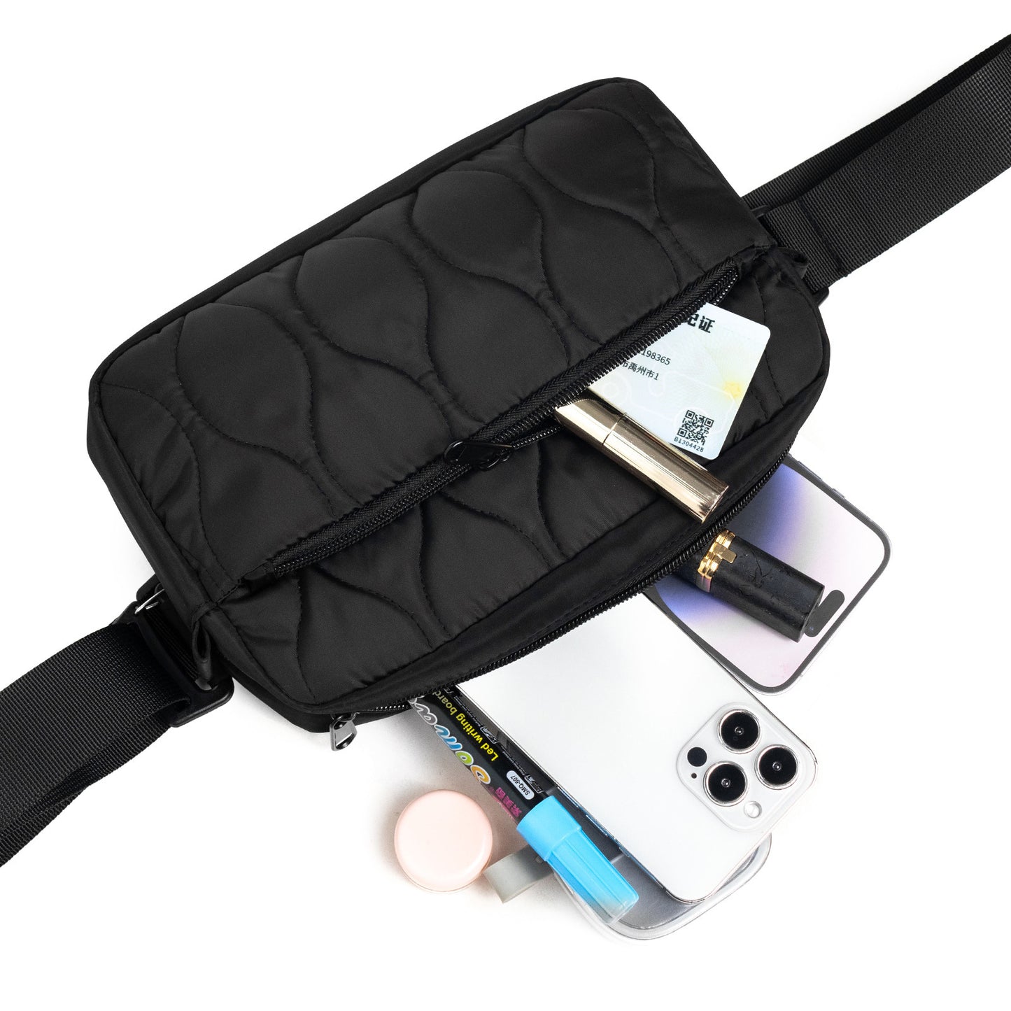 Black Stylish Quilted Belt Bag - Lightweight Nylon Crossbody Fanny Pack  - Image 6