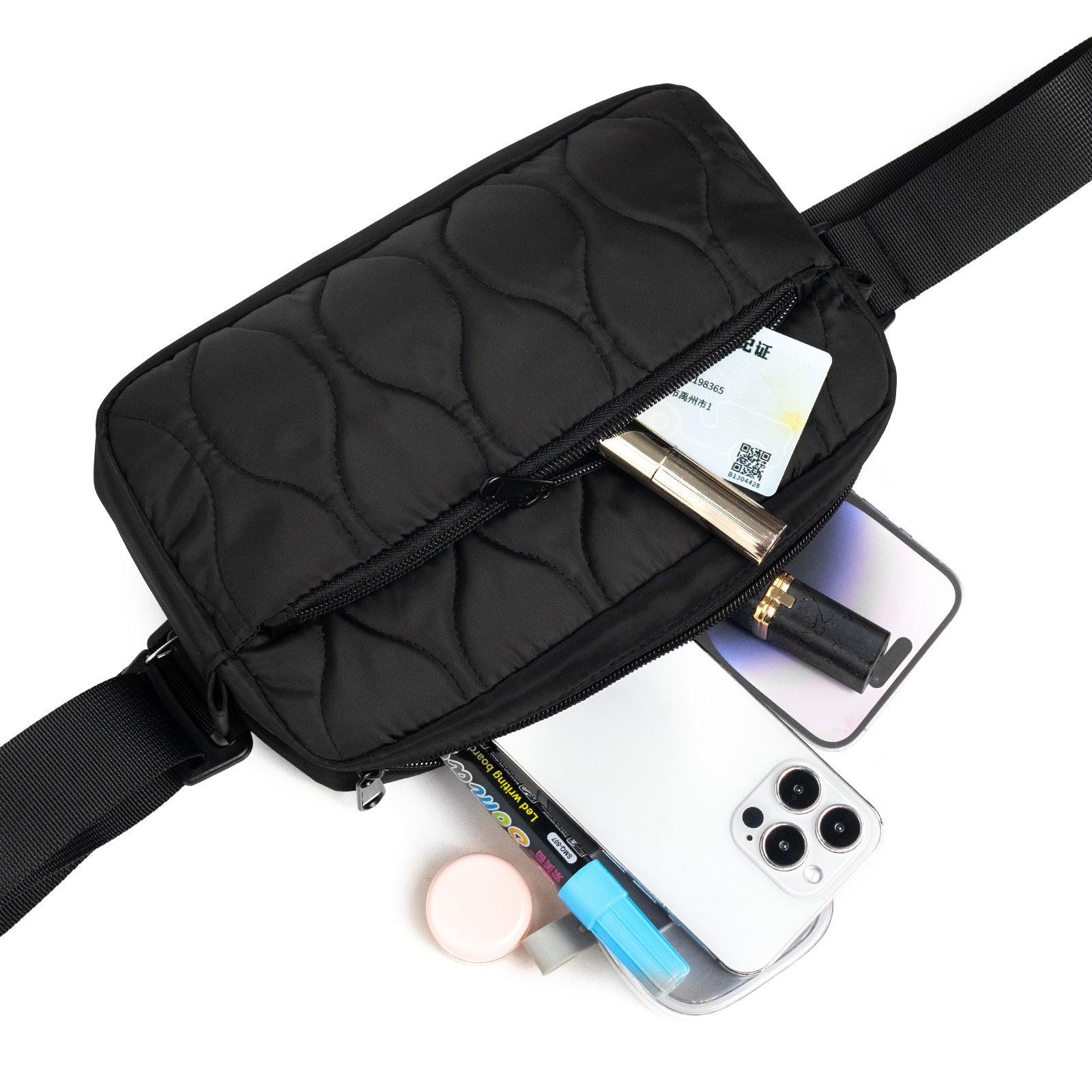 Black Stylish Quilted Belt Bag - Lightweight Nylon Crossbody Fanny Pack  - Image 6