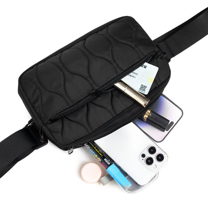 Black Stylish Quilted Belt Bag - Lightweight Nylon Crossbody Fanny Pack  - Image 6