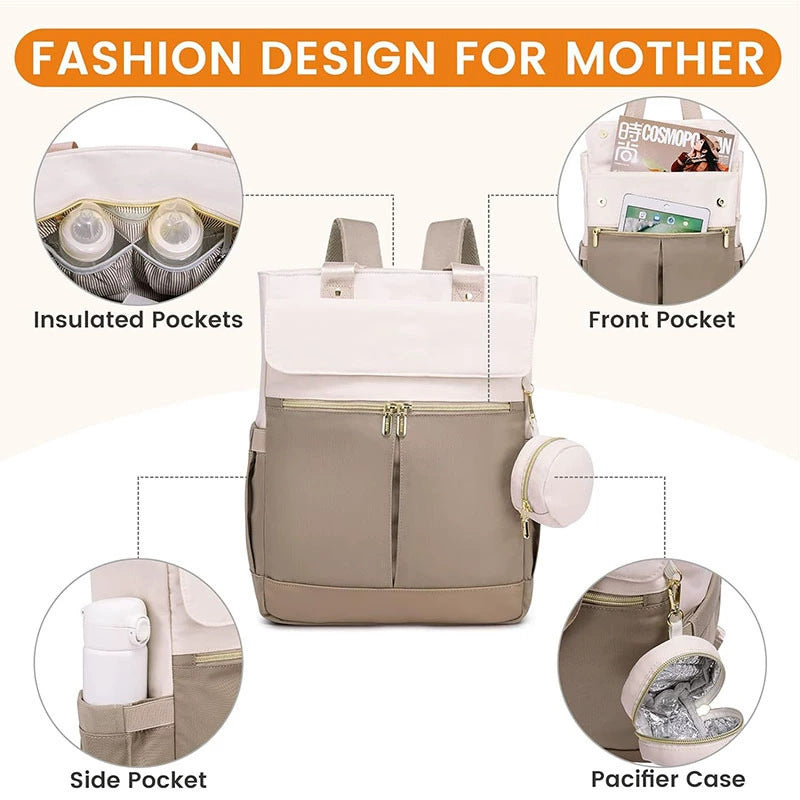 Khaki and Beige Stylish Nappy Bag Backpack - Multi-Functional Diaper Bag with Insulated Pockets, Changing Pad & Pacifier Case - Image 2