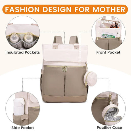 Khaki and Beige Stylish Nappy Bag Backpack - Multi-Functional Diaper Bag with Insulated Pockets, Changing Pad & Pacifier Case - Image 2