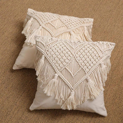 Beige Boho Chic Macrame Cushion Cover - Handmade Woven Cotton Linen Pillow Case with Tassels - Decorative Throw Pillow Sham 45x45cm (Cover Only) - Image 2