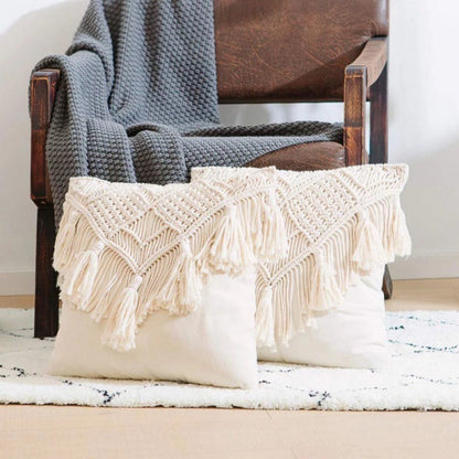 Beige Boho Chic Macrame Cushion Cover - Handmade Woven Cotton Linen Pillow Case with Tassels - Decorative Throw Pillow Sham 45x45cm (Cover Only) - Image 4