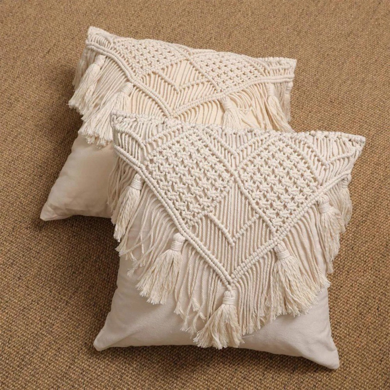 Black Boho Chic Macrame Cushion Cover - Handmade Woven Cotton Linen Pillow Case with Tassels - Decorative Throw Pillow Sham 45x45cm (Cover Only) - Image 2
