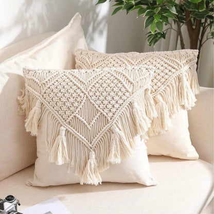 Grey Boho Chic Macrame Cushion Cover - Handmade Woven Cotton Linen Pillow Case with Tassels - Decorative Throw Pillow Sham 45x45cm (Cover Only) - Image 3