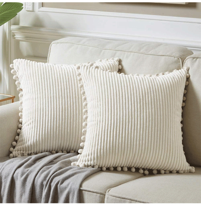 Pink Soft Corduroy Cushion Cover Set (1 Square + 1 Rectangular) with Pom Pom Trim - Decorative Throw Pillow Cases for Sofa Couch - Image 4