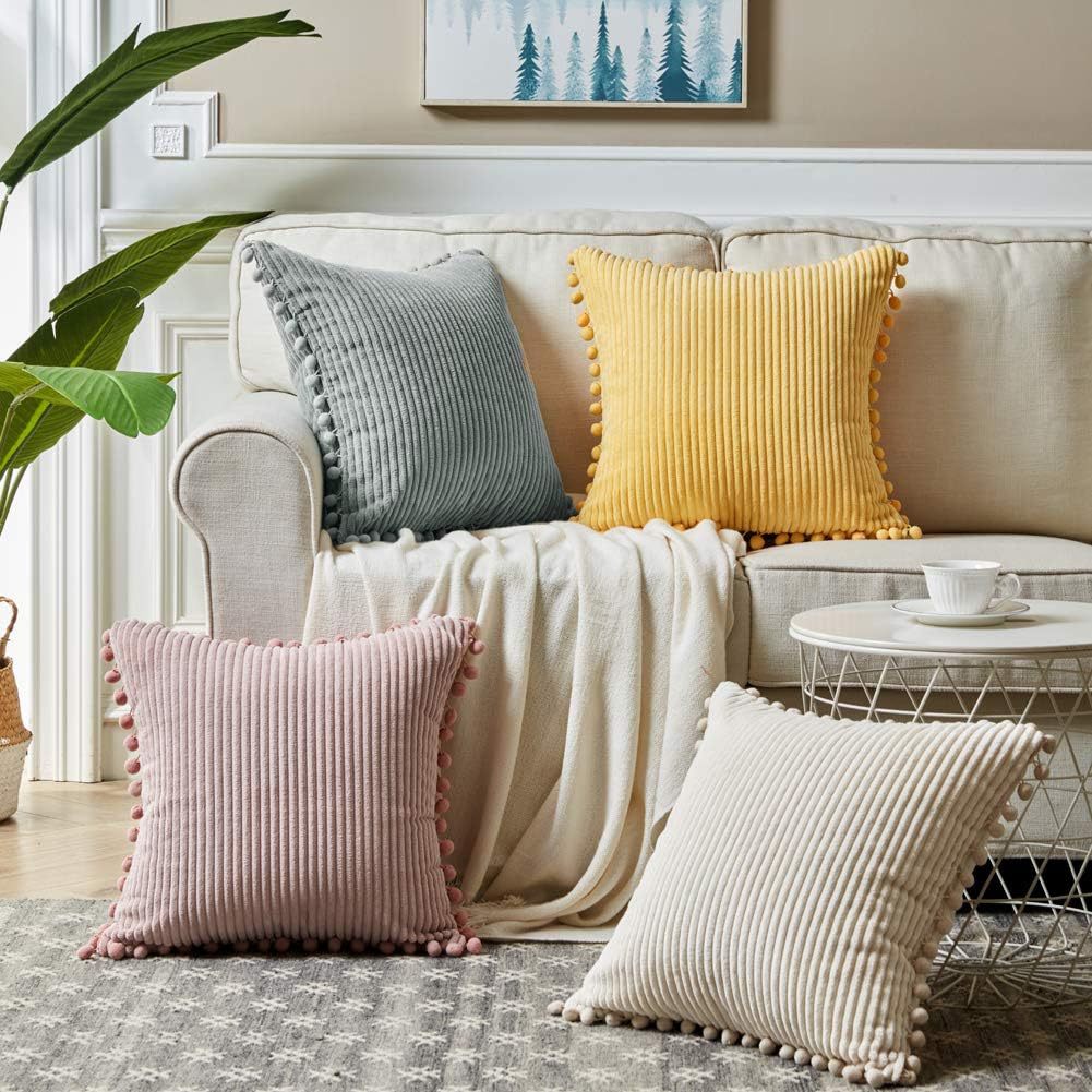 Light Green Soft Corduroy Cushion Cover Set (1 Square + 1 Rectangular) with Pom Pom Trim - Decorative Throw Pillow Cases for Sofa Couch - Image 2