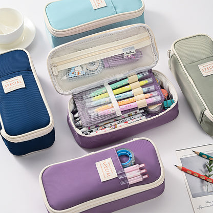 Dark Blue Large Capacity Expandable Pencil Case - Multi-Compartment Student Stationery Pouch (Only with pencil case) - Image 3