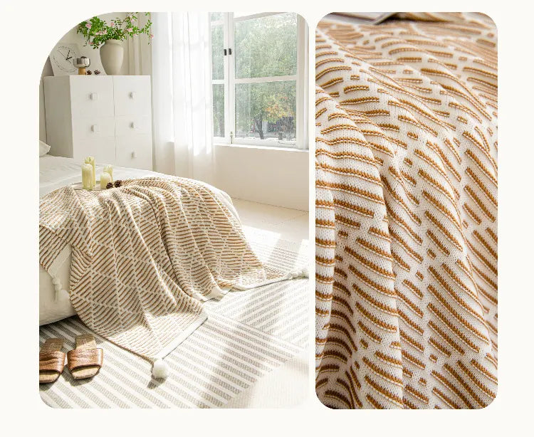 Orange and Beige Diamond Pattern Soft Cozy Knit Throw Blanket with Tassels - Geometric Pattern Lightweight Acrylic Blanket for Sofa Couch Bed, 130x150cm - Image 5