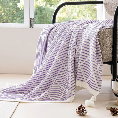 Purple and Beige Diamond Pattern Soft Cozy Knit Throw Blanket with Tassels - Geometric Pattern Lightweight Acrylic Blanket for Sofa Couch Bed, 130x150cm