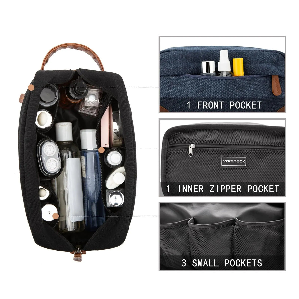 Black And Brown Men's Canvas Toiletry Bag - Large Capacity Water-Resistant Travel Organizer Dopp Kit with Handle - Image 6
