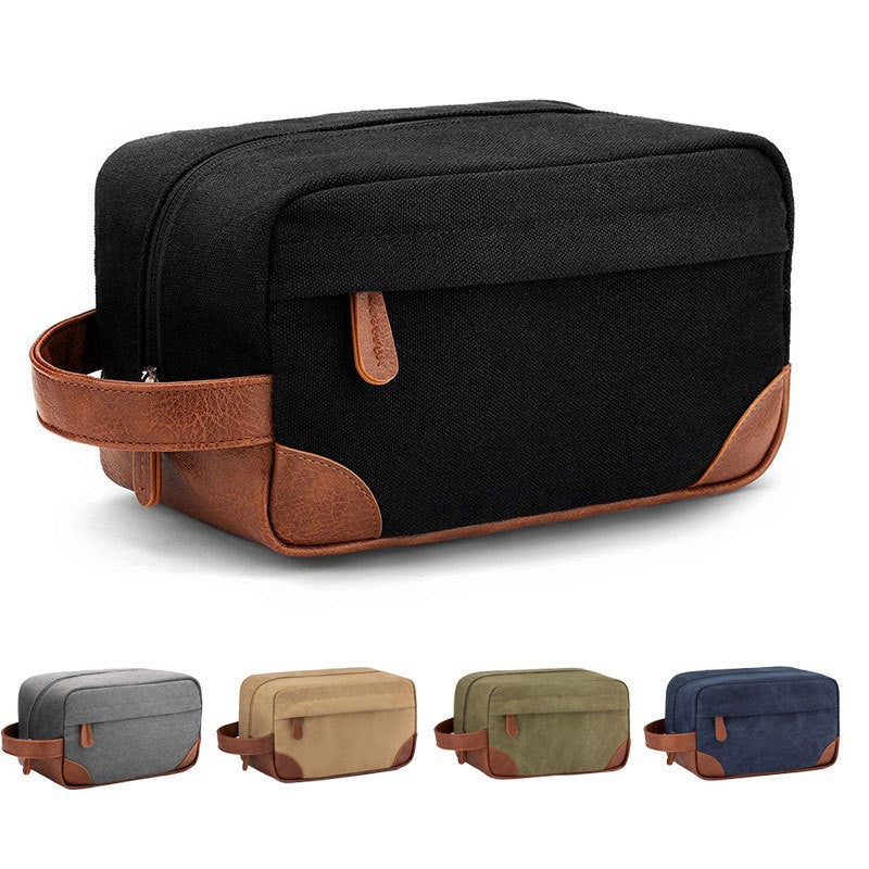 Dark Blue And Brown Men's Canvas Toiletry Bag - Large Capacity Water-Resistant Travel Organizer Dopp Kit with Handle - Image 2