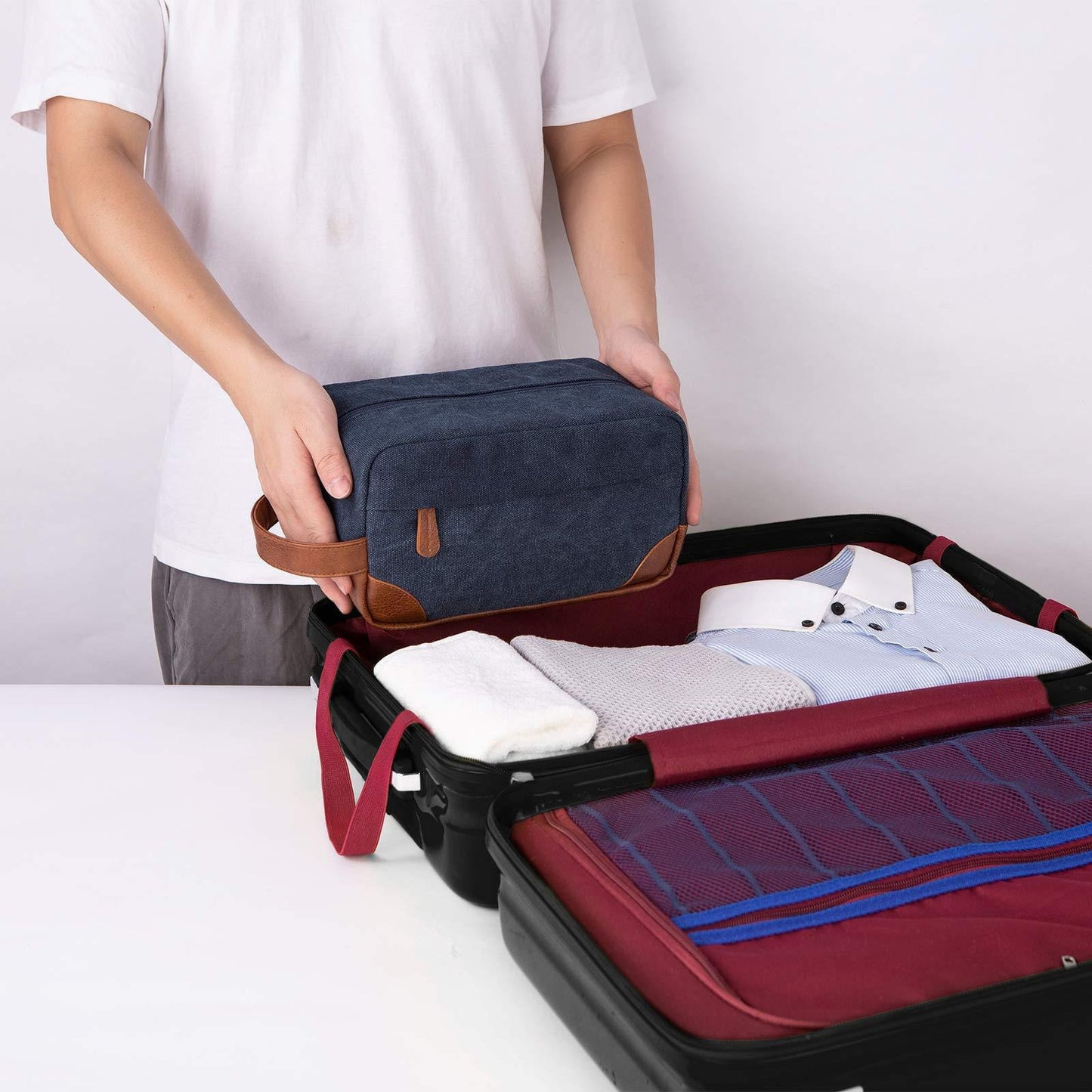 Dark Blue And Brown Men's Canvas Toiletry Bag - Large Capacity Water-Resistant Travel Organizer Dopp Kit with Handle - Image 4