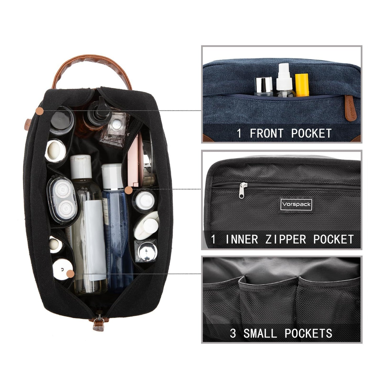 Dark Blue And Brown Men's Canvas Toiletry Bag - Large Capacity Water-Resistant Travel Organizer Dopp Kit with Handle - Image 6