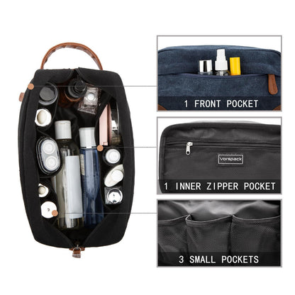 Dark Blue And Brown Men's Canvas Toiletry Bag - Large Capacity Water-Resistant Travel Organizer Dopp Kit with Handle - Image 6