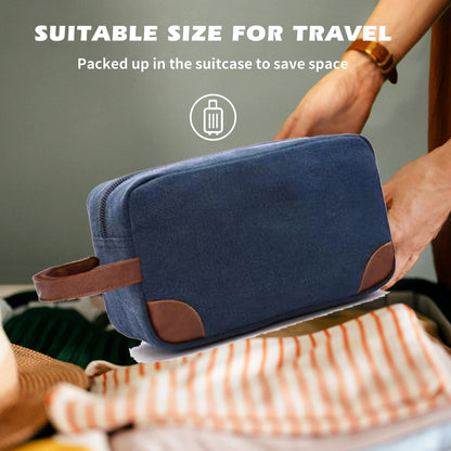 Dark Blue And Brown Men's Canvas Toiletry Bag - Large Capacity Water-Resistant Travel Organizer Dopp Kit with Handle - Image 8