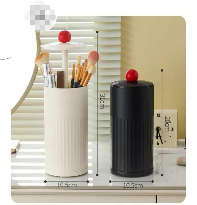 Beige Automatic Lifting Makeup Brush Holder - Dustproof Desktop Organizer with Lid & Compartments - Image 4