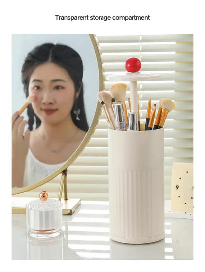 Beige Automatic Lifting Makeup Brush Holder - Dustproof Desktop Organizer with Lid & Compartments - Image 7