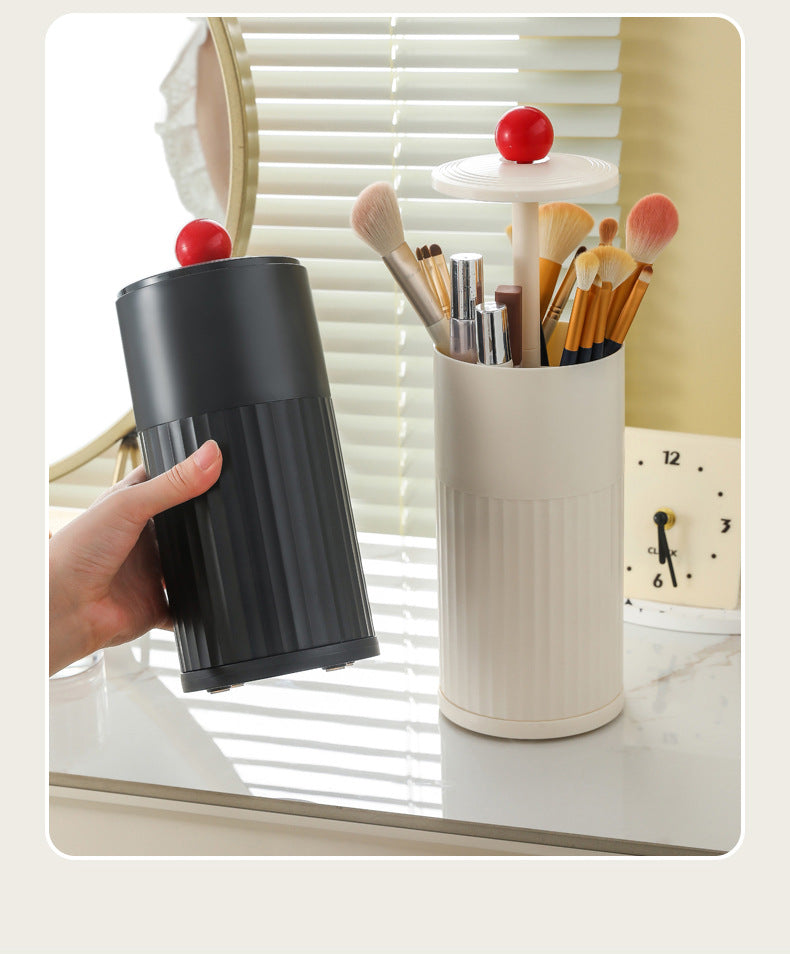 Black Automatic Lifting Makeup Brush Holder - Dustproof Desktop Organizer with Lid & Compartments - Image 3