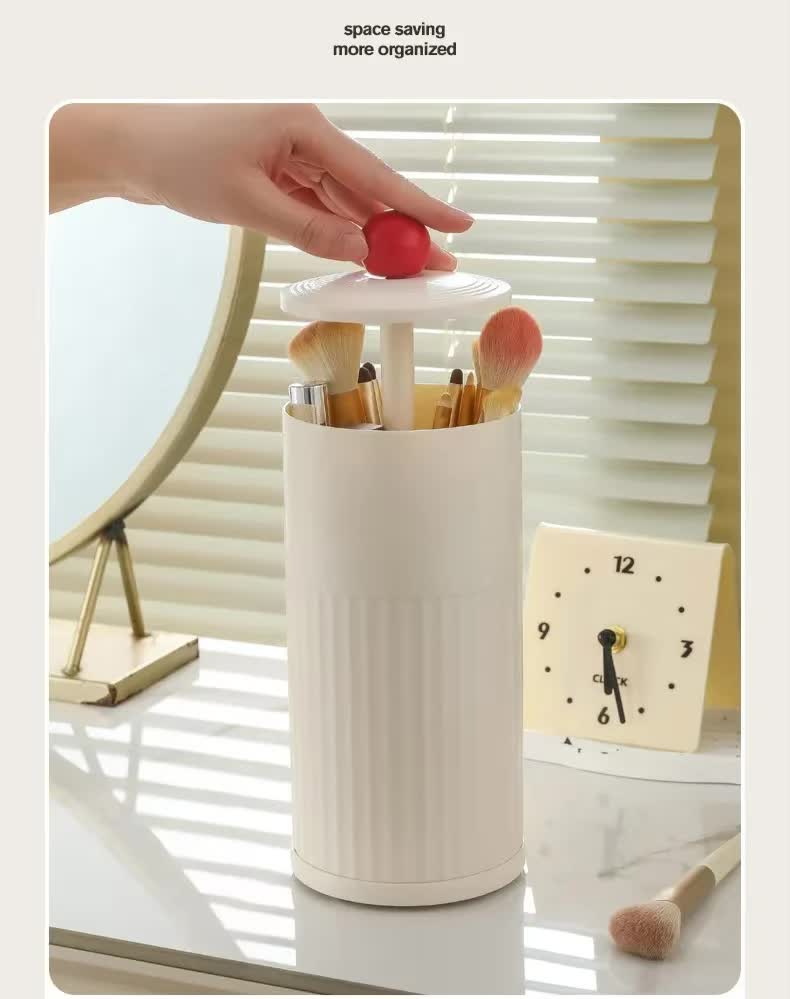 Black Automatic Lifting Makeup Brush Holder - Dustproof Desktop Organizer with Lid & Compartments - Image 6