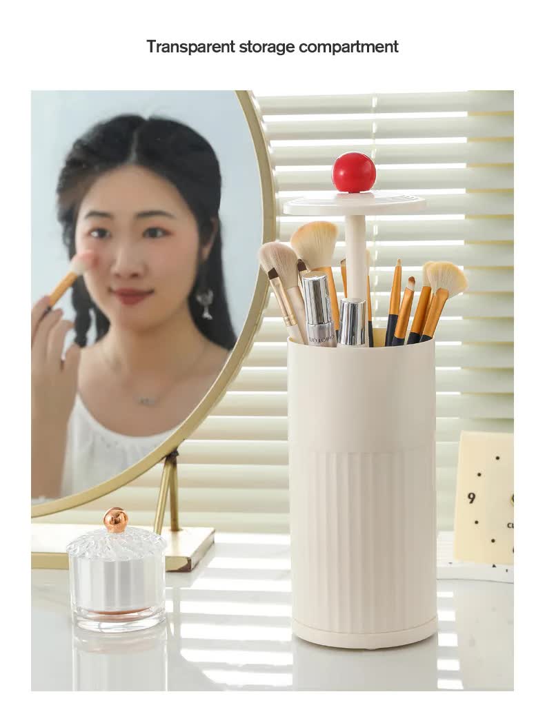 Black Automatic Lifting Makeup Brush Holder - Dustproof Desktop Organizer with Lid & Compartments - Image 7