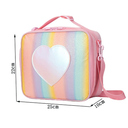 Blue Sparkling Rainbow Heart Insulated Lunch Bag for Kids - Portable School Lunch Box with Shoulder Strap - Image 3