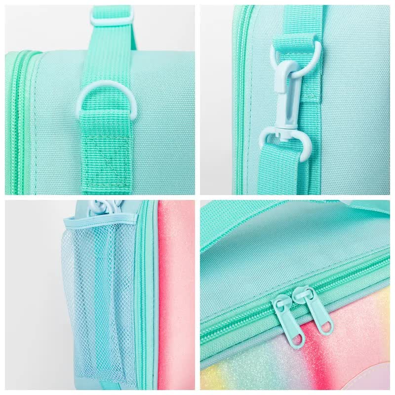 Blue Sparkling Rainbow Heart Insulated Lunch Bag for Kids - Portable School Lunch Box with Shoulder Strap - Image 7