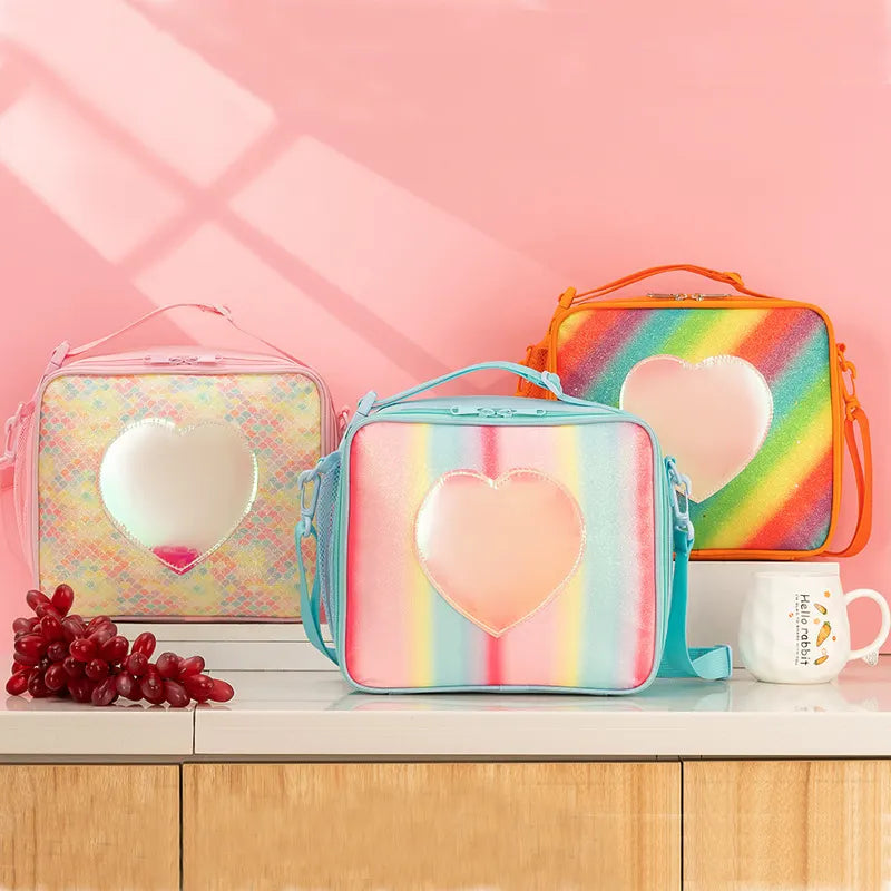 Orange Sparkling Rainbow Heart Insulated Lunch Bag for Kids - Portable School Lunch Box with Shoulder Strap - Image 2