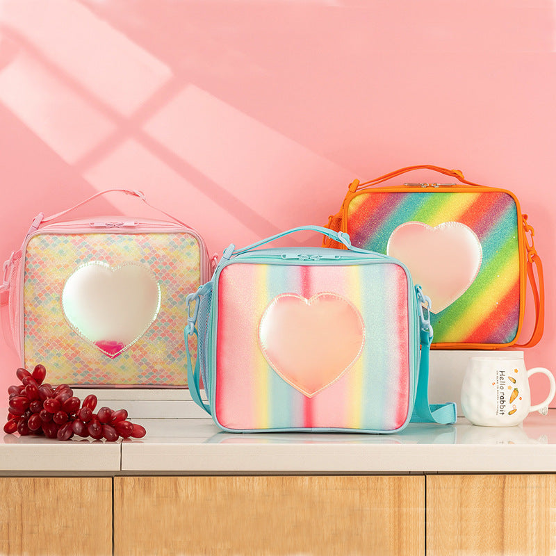 Pink Sparkling Rainbow Heart Insulated Lunch Bag for Kids - Portable School Lunch Box with Shoulder Strap - Image 2