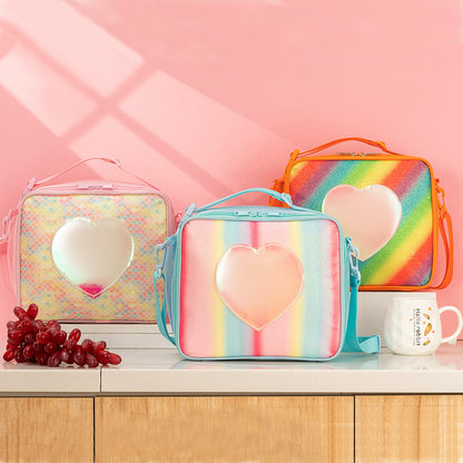 Pink Sparkling Rainbow Heart Insulated Lunch Bag for Kids - Portable School Lunch Box with Shoulder Strap - Image 2