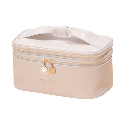 Beige Stylish PU Leather Makeup Bag - Large Capacity Double Layer Waterproof Travel Cosmetic Organizer Case for Women