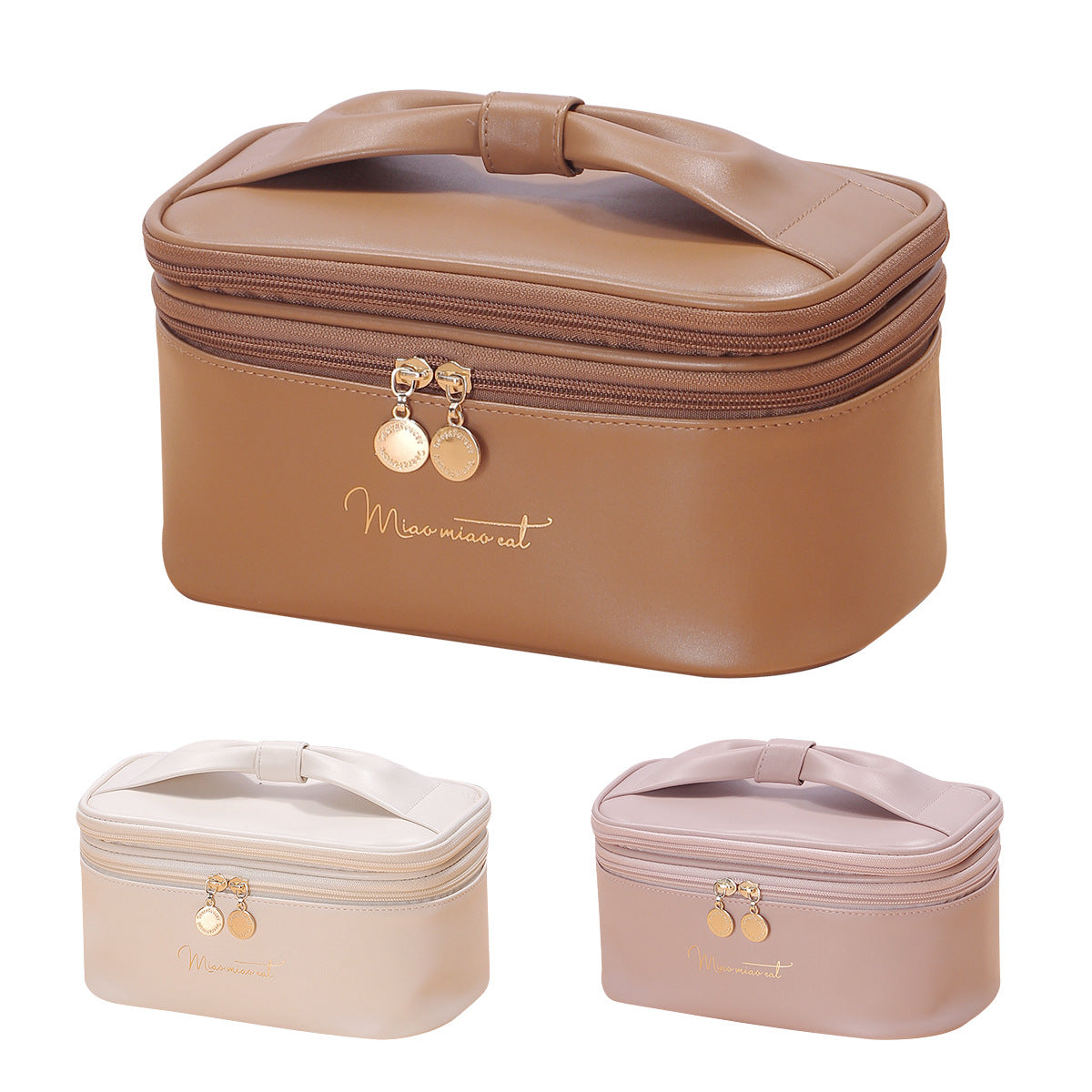 Beige Stylish PU Leather Makeup Bag - Large Capacity Double Layer Waterproof Travel Cosmetic Organizer Case for Women - Image 2