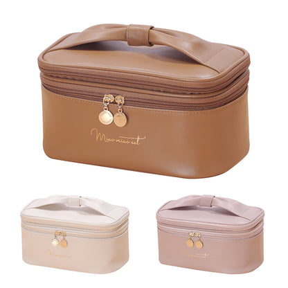 Beige Stylish PU Leather Makeup Bag - Large Capacity Double Layer Waterproof Travel Cosmetic Organizer Case for Women - Image 2