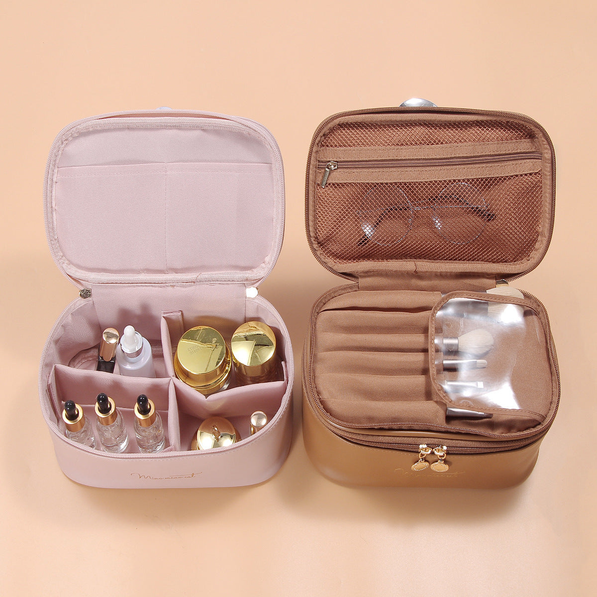 Pink Stylish PU Leather Makeup Bag - Large Capacity Double Layer Waterproof Travel Cosmetic Organizer Case for Women - Image 4