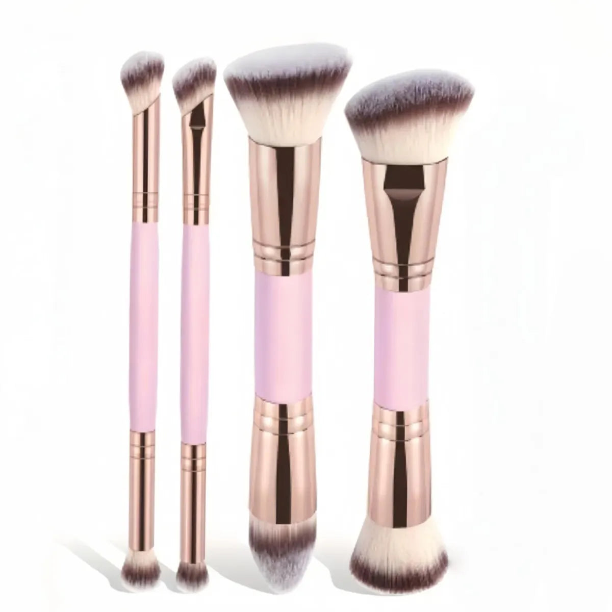 Pink and Glod Versatile 4pc Dual-Ended Makeup Brush Set - Soft Synthetic Bristles for Foundation Blush Contour Concealer