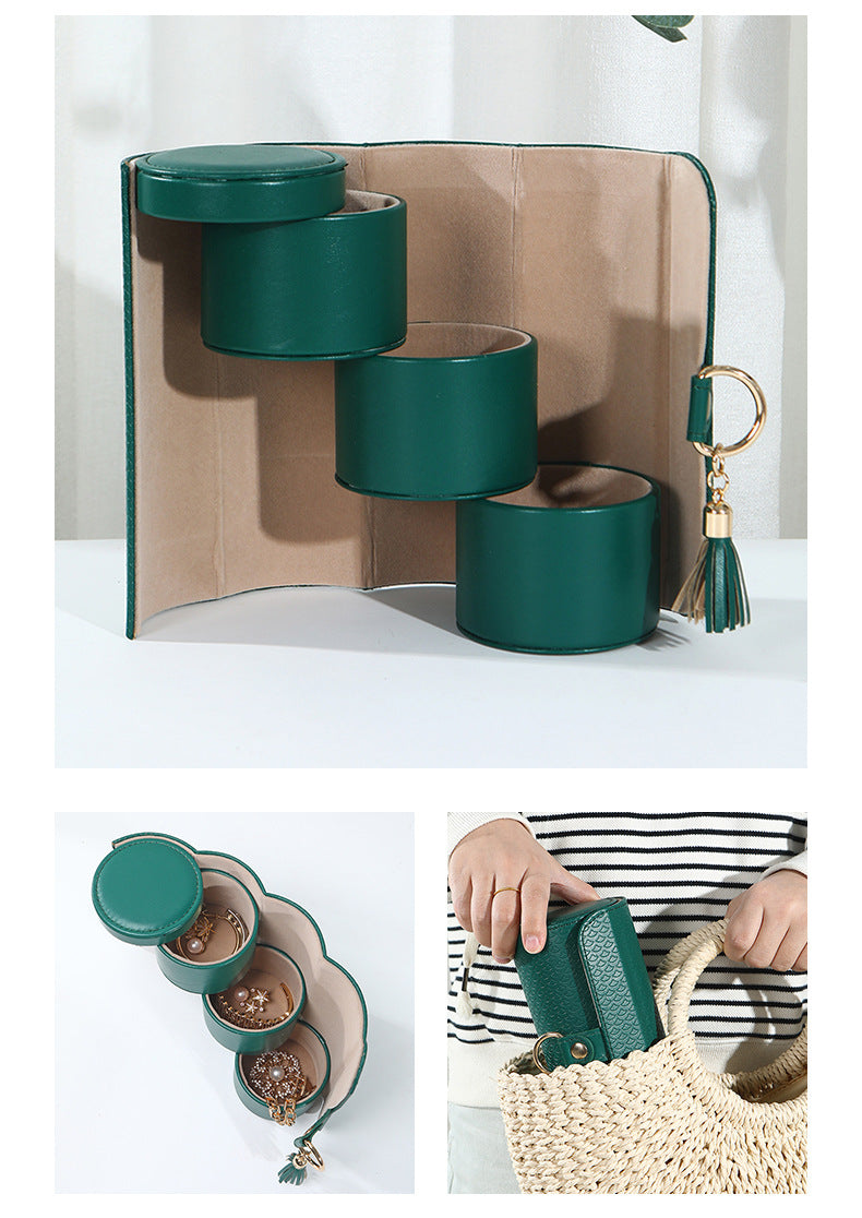 Green Elegant 3-Tier Cylindrical Travel Jewellery Box - PU Leather Organizer for Rings Earrings Necklaces with Tassel Charm - Image 2