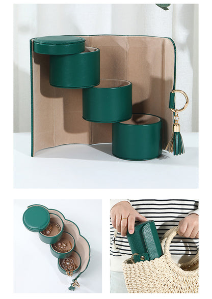 Green Elegant 3-Tier Cylindrical Travel Jewellery Box - PU Leather Organizer for Rings Earrings Necklaces with Tassel Charm - Image 2
