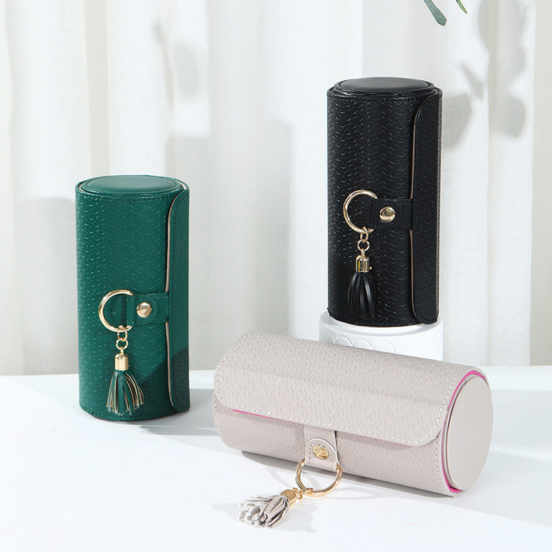 Green Elegant 3-Tier Cylindrical Travel Jewellery Box - PU Leather Organizer for Rings Earrings Necklaces with Tassel Charm - Image 3